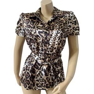 Nue Options Womens PL Leopard Print Button Up Blouse Belted Short Sleeve Petite